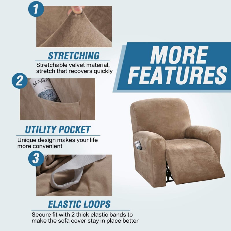 H.VERSAILTEX Velvet Stretch Recliner Couch Covers 4-Pieces Style Recliner Chair Covers Recliner Cover for Reclining Chair Slipcovers Feature Non Slip Form Fitted Thick Soft Washable, Camel - Image 3
